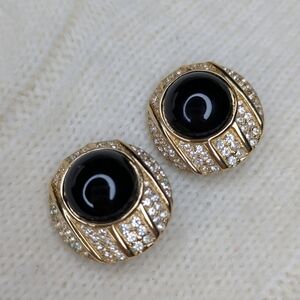Oscar De La Renta Vintage Gold & Black Clip-On Earrings with Rhinestone Detail